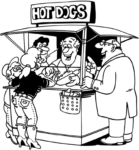 Hot dog stand with customers vinyl decal. Customize on line. Food Meals Drinks 040-0479